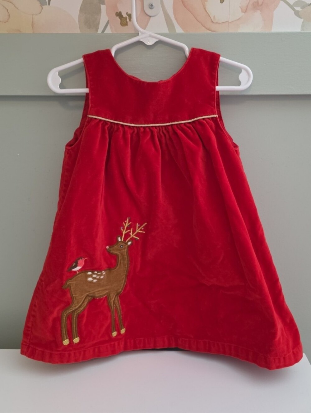 Baby Boden 18-24 Red Velvet Holiday Reindeer Christmas Deer Pinafore Dress